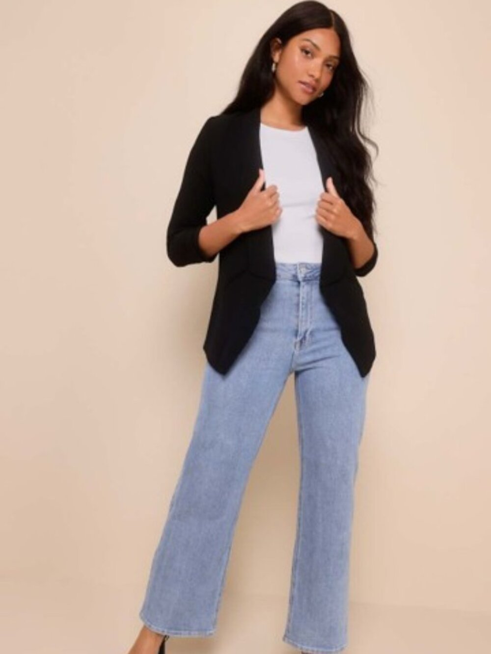Lulus Miss Punctuality Black Open Front Blazer Jacket Size Medium EUC